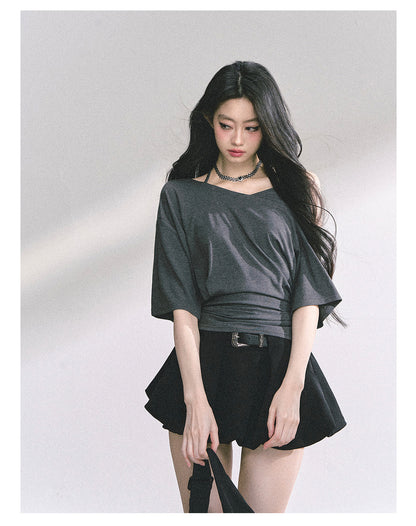 少也眼 “Smart Relax” Asymmetric Halter Short Tee - Gray