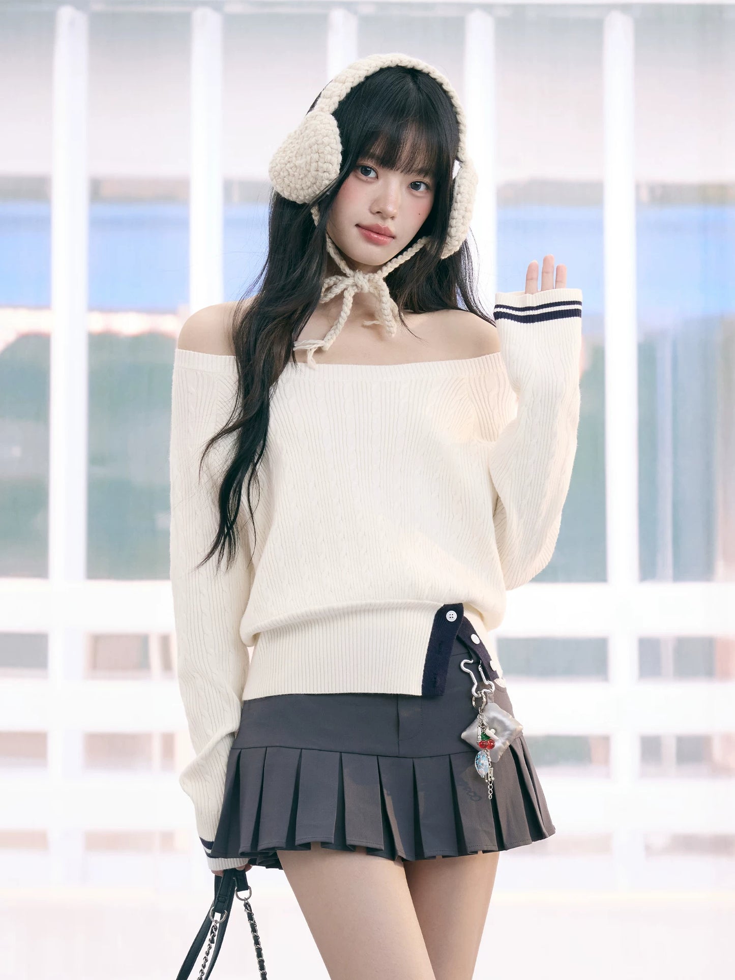 "Soft Muse" White Off-Shoulder Cable Knit Top