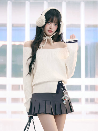 "Soft Muse" White Off-Shoulder Cable Knit Top