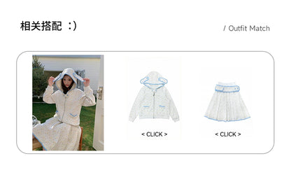“Snow Bunny Reverie” Ivory Rabbit Ear Hoodie & Floral Pleated Mini Skirt