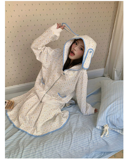 “Snow Bunny Reverie” Ivory Rabbit Ear Hoodie & Floral Pleated Mini Skirt