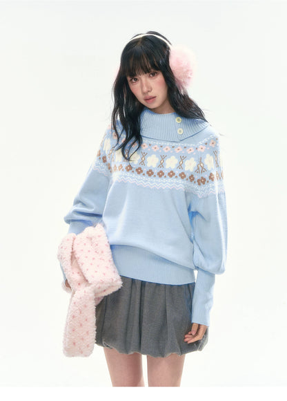 [CAN] Light Blue Floral Fair Isle Knit Sweater