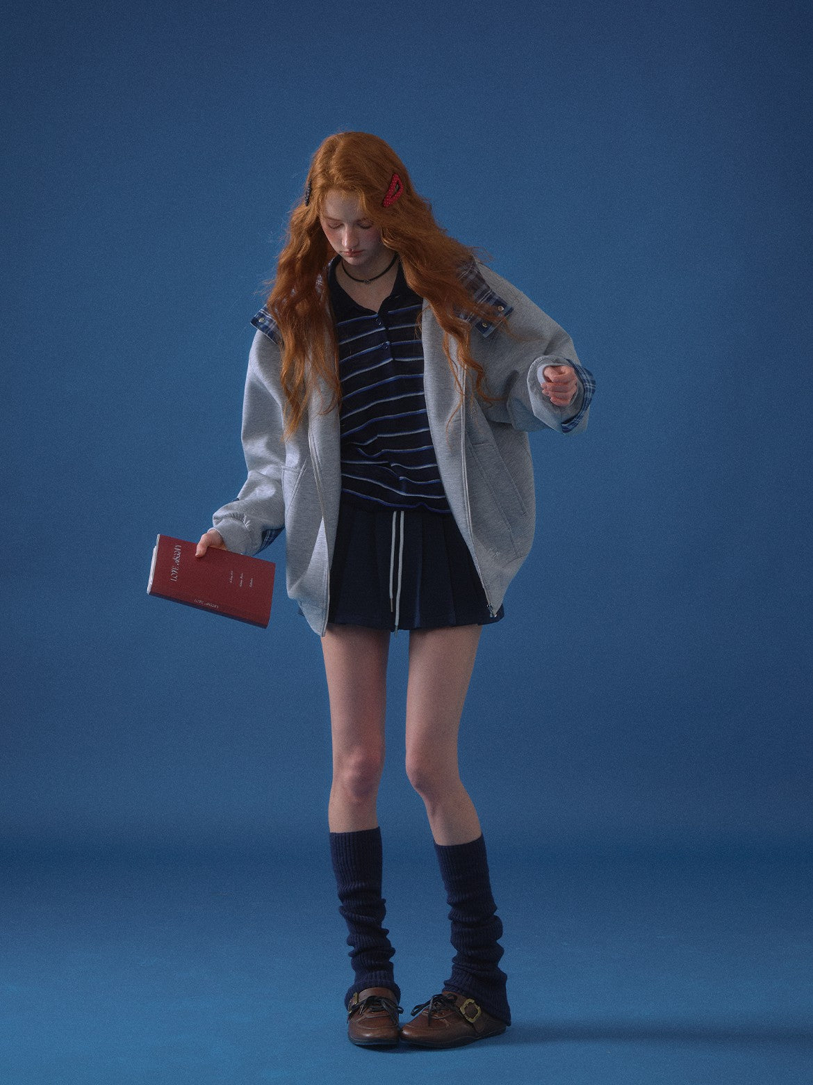 ASGONY - Plaid-Lined Oversized Hoodie Jacket (Gray)