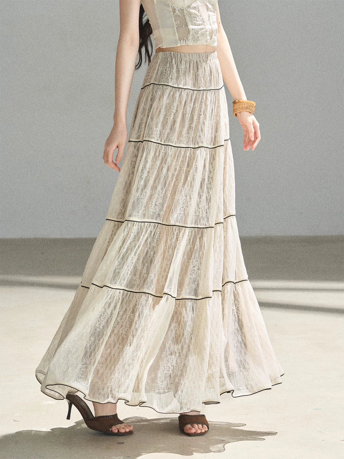 "Mist Through the Woods" Creamy Apricot White Lace Maxi A-Line Skirt