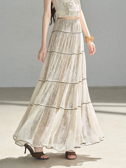 "Mist Through the Woods" Creamy Apricot White Lace Maxi A-Line Skirt