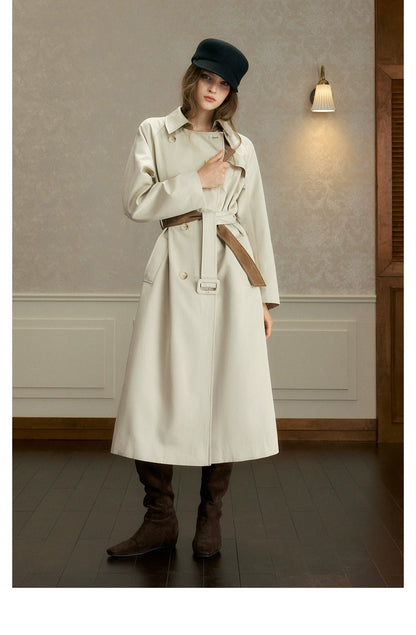 oshea - Moonlight Gray Double-Breasted Belted Long Trench Coat