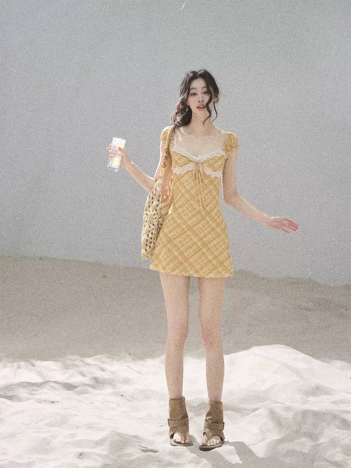 "Golden Wheat Whisper" Goose Yellow Lace Diamond Mini Dress