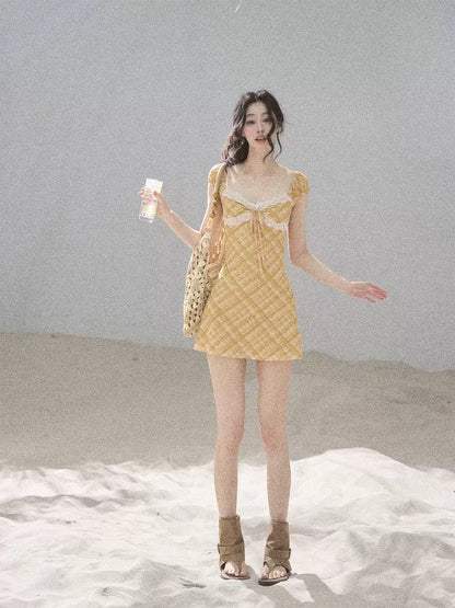 "Golden Wheat Whisper" Goose Yellow Lace Diamond Mini Dress