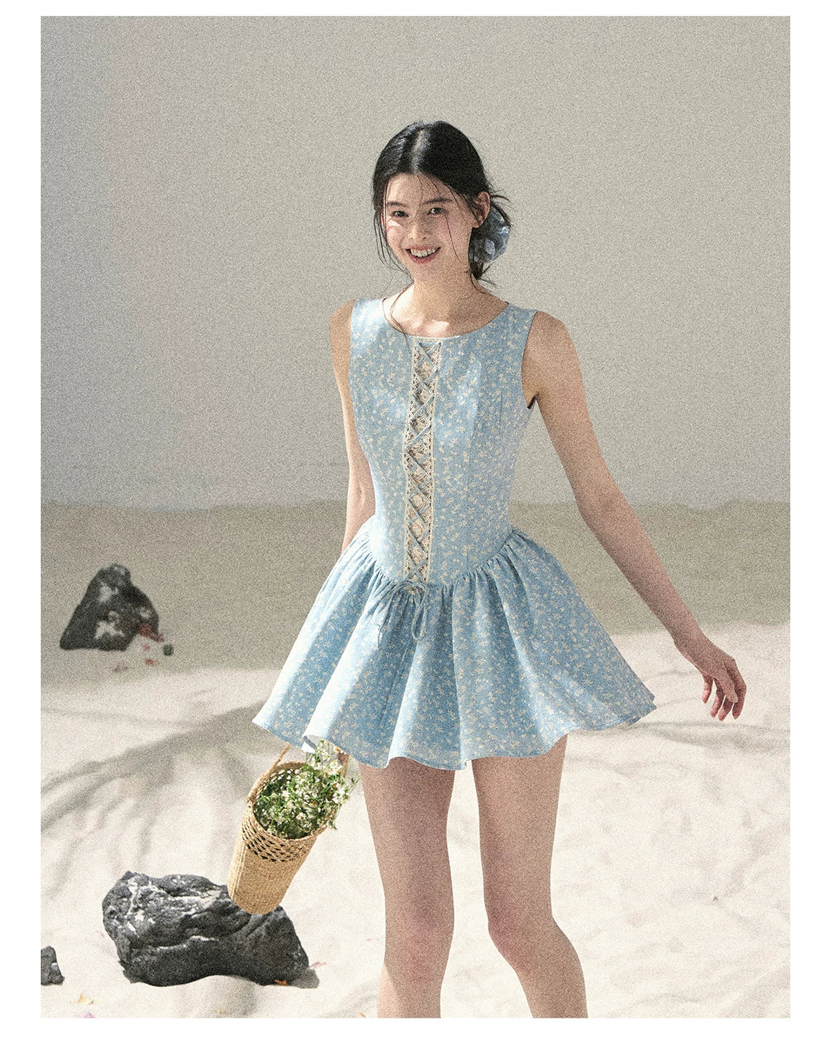 "Sage Summer" Haze Blue Lace Floral Puff Mini Dress