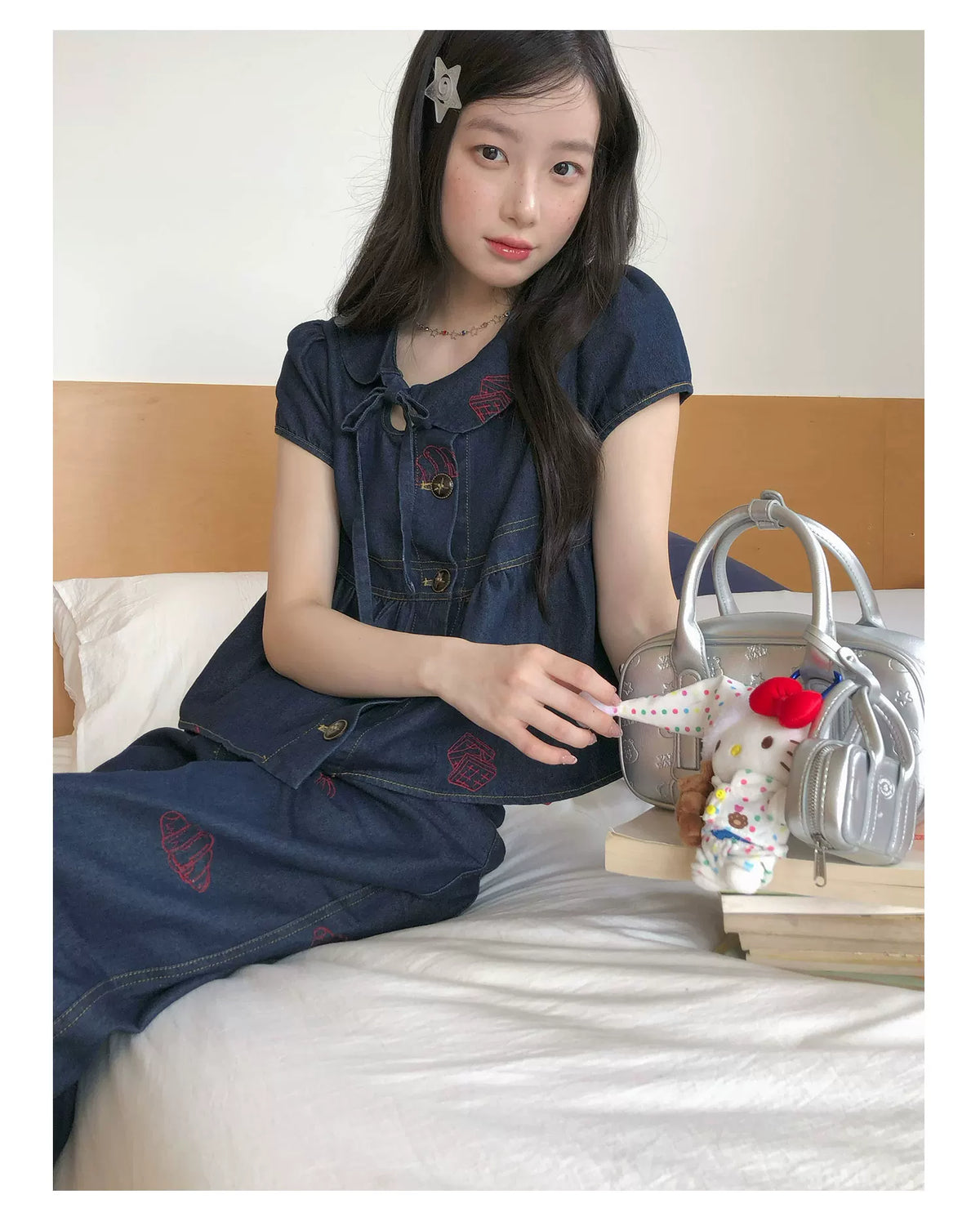 [RF] “Sweet Rebel Denim” Navy Embroidered Ruffle Top & Relaxed Pants Set