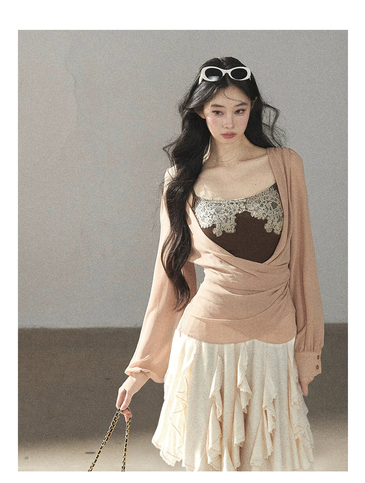AOMALM - Cinnamon Blush Ruched Wrap Chiffon Top with Lace Cami Set