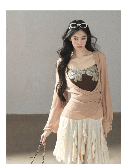 AOMALM - Cinnamon Blush Ruched Wrap Chiffon Top with Lace Cami Set