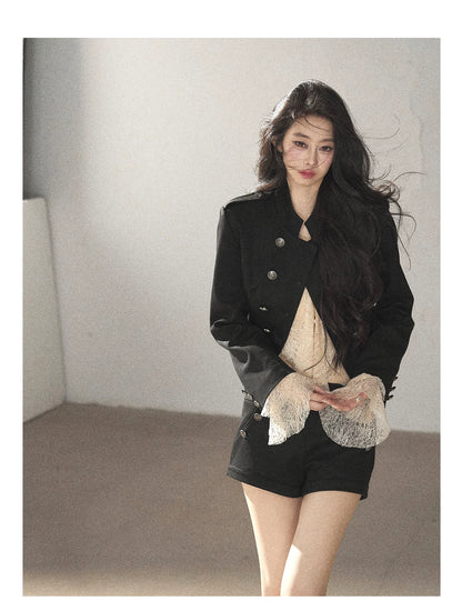 AOMALM - Black Napoleon-Style Jacket & Shorts Set with Milk Tea Top
