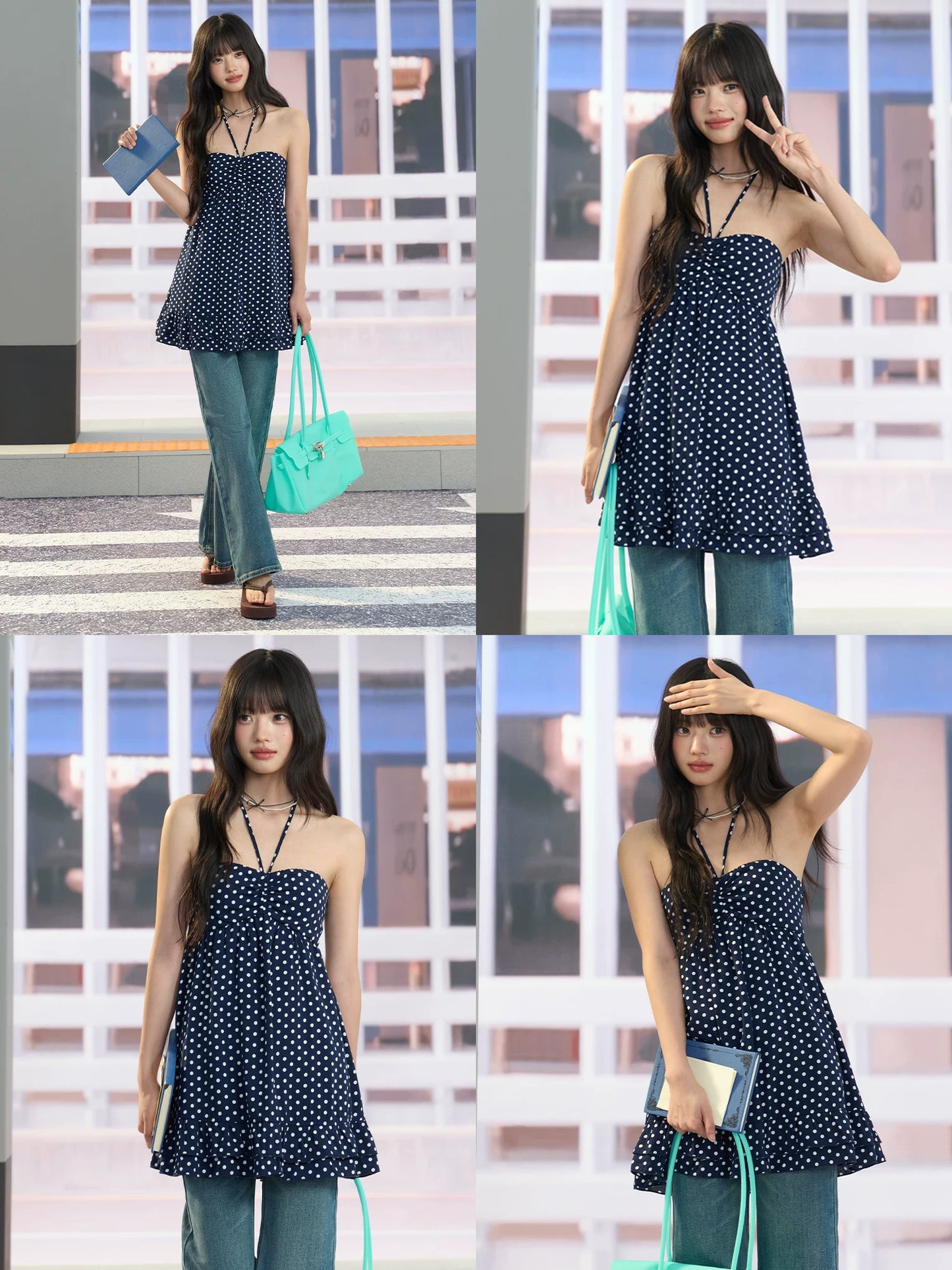 "Midnight Departure" Navy Polka Dot Convertible Babydoll Dress