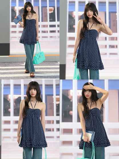"Midnight Departure" Navy Polka Dot Convertible Babydoll Dress