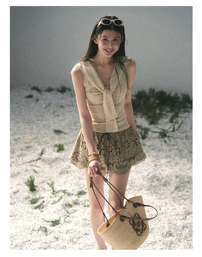“Sea Breeze & Wheat Fields” Oatmeal Sailor Collar Top