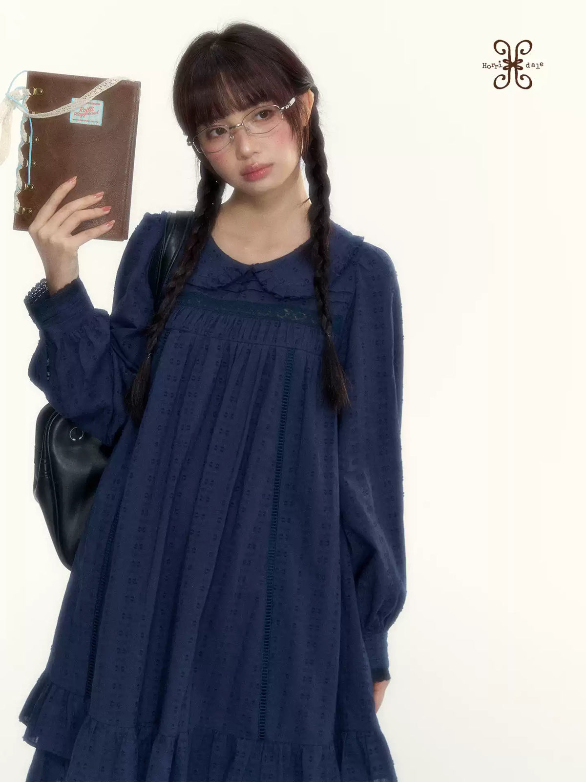 “Vintage Ribbon” Navy Peter Pan Collar Lace-Trimmed A-Line Dress