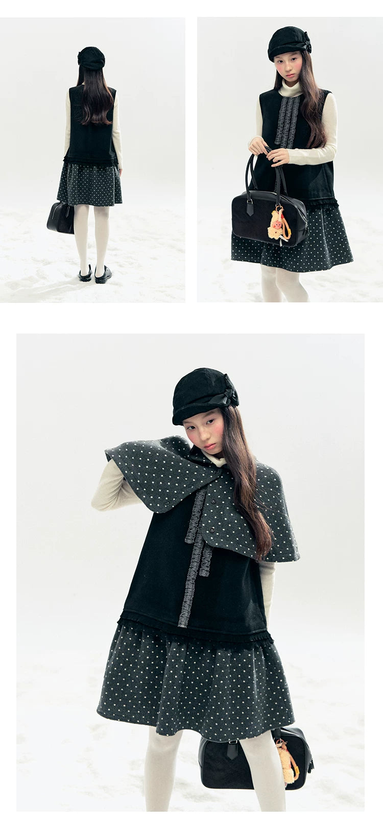 "Berlin Winter Chronicle" Black Polka Dot Capelet & Pinafore Dress Set
