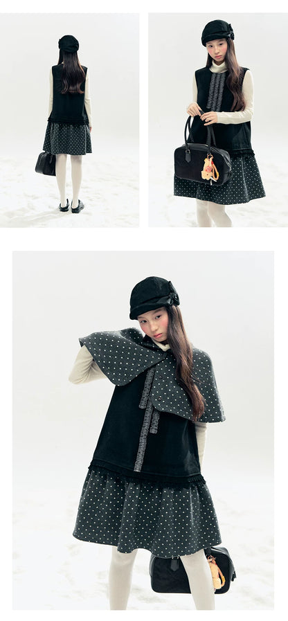 "Berlin Winter Chronicle" Black Polka Dot Capelet & Pinafore Dress Set