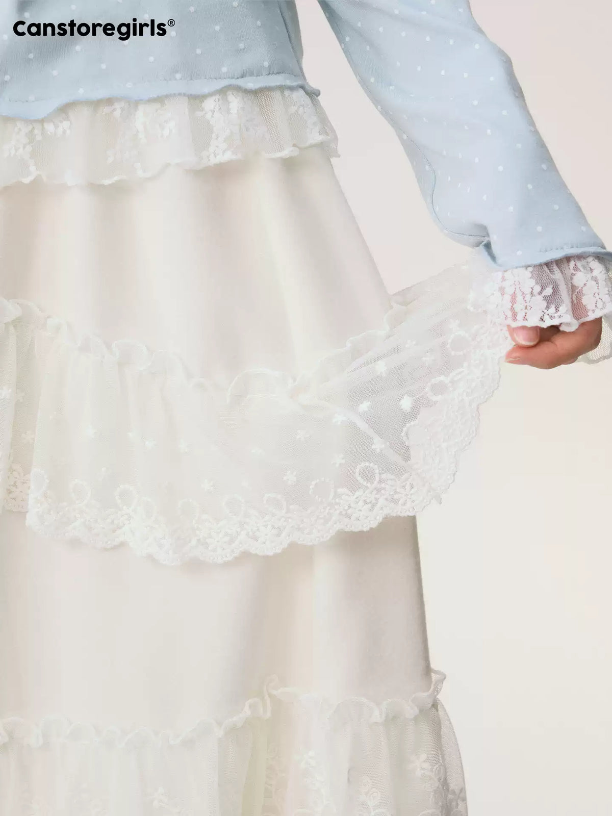 [CAN] "Soft Whisper" Ivory Embroidered Lace Layered Midi Skirt