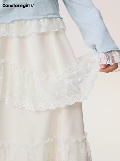 [CAN] "Soft Whisper" Ivory Embroidered Lace Layered Midi Skirt