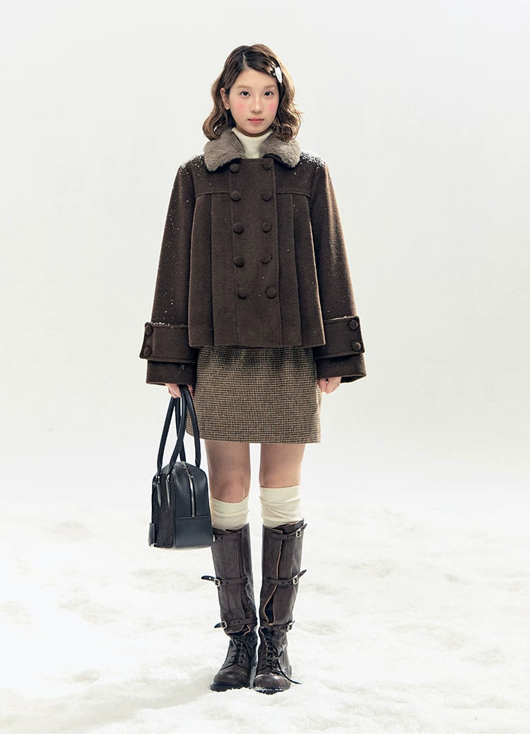 "Berlin Snowfall" Double-Breasted Quilted Wool-Blend Peacoat (Ivory/ Chocolate Brown)