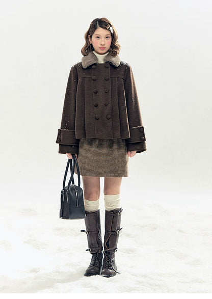 "Berlin Snowfall" Double-Breasted Quilted Wool-Blend Peacoat (Ivory/ Chocolate Brown)