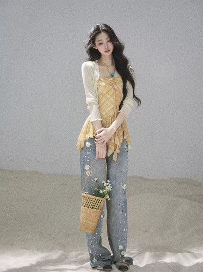 "Fields of Provence" Goose Yellow Halter Plaid Waist-Cinched Top