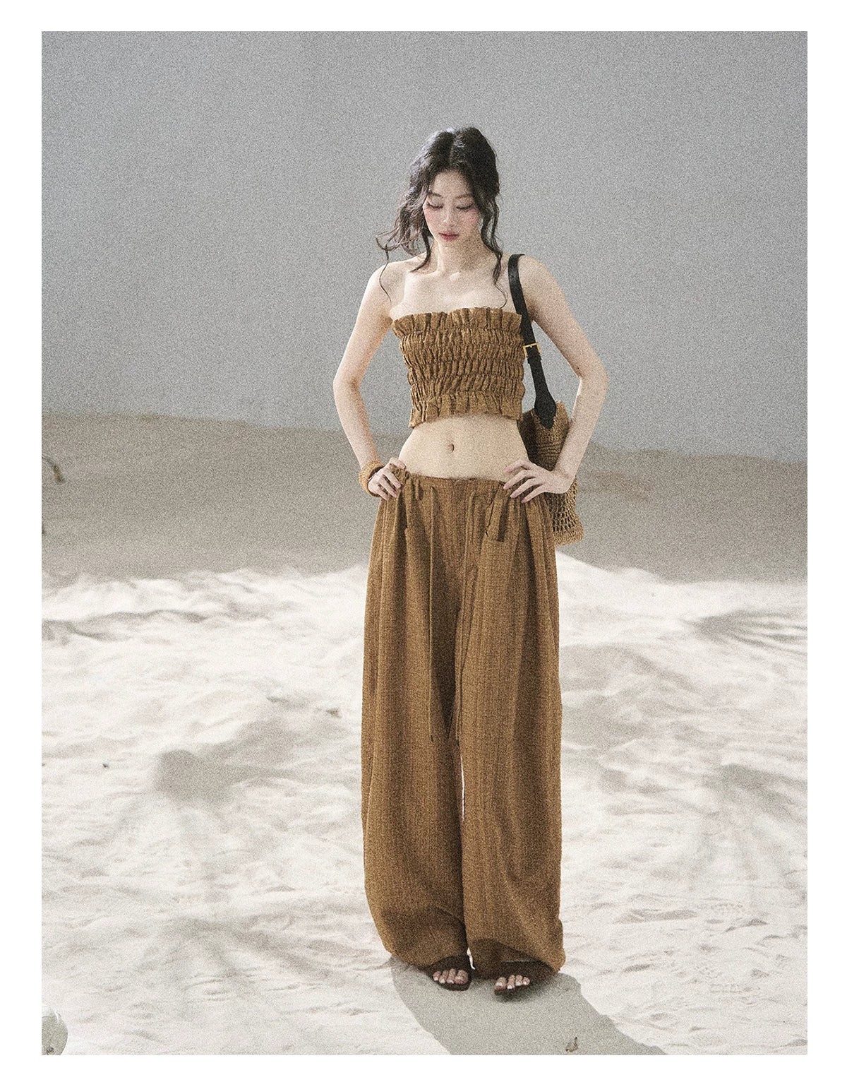 "Caramel Dusk" Ash Caramel Shirred Bandeau Top & Relaxed Pants Set
