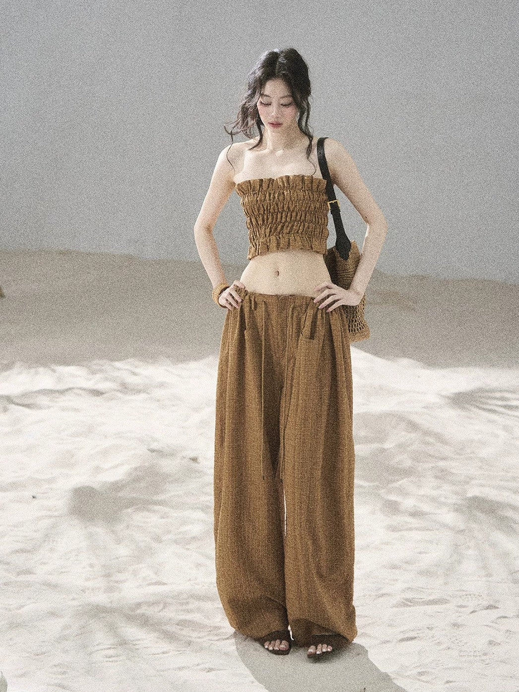 "Caramel Dusk" Ash Caramel Shirred Bandeau Top & Relaxed Pants Set