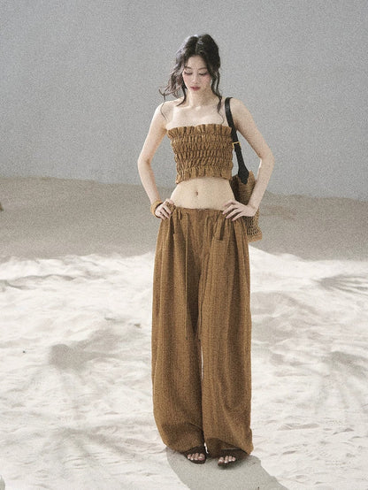 "Caramel Dusk" Ash Caramel Shirred Bandeau Top & Relaxed Pants Set