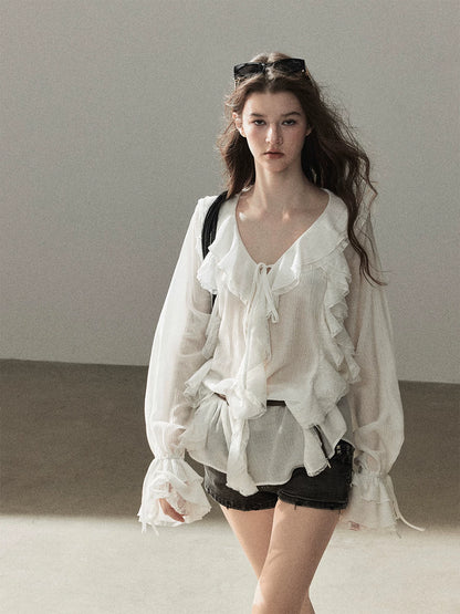AOMALM - "A Featherlight Touch" French Camellia White Lace Chiffon Top with Belt (Camellia / Oatmeal / Cinnamon Pink)