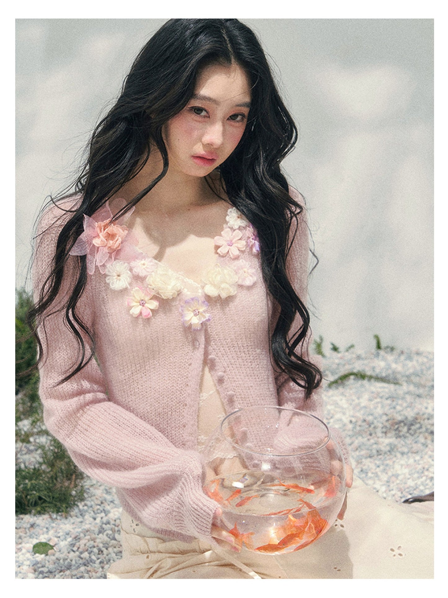 少也眼 “Spring Meadow Breeze” Floral-Embellished Mohair Knit Cardigan Set 5786998