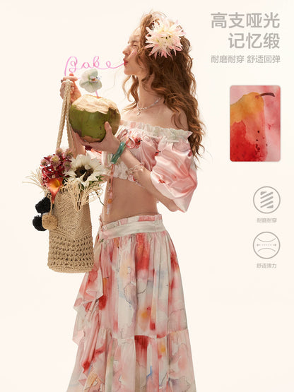 "Watercolor Fruit Mood" Off-Shoulder Top & Ruffle Skirt Set WE945