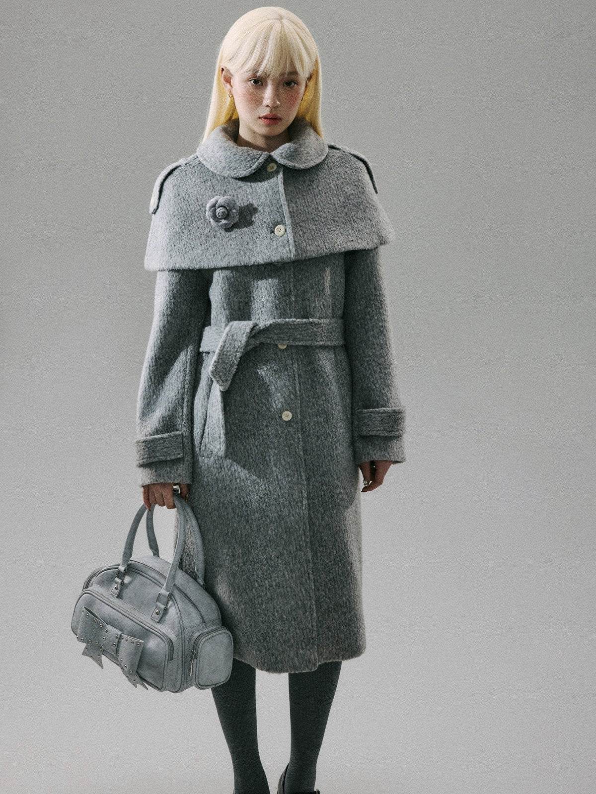 “Intellectual Cape Silhouette” Long Wool Blend Minimal Coat - Gray 8007