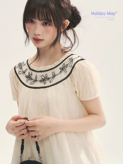 "Toasted Cookie" Yellow Flower Rope Embroidery Babydoll Top