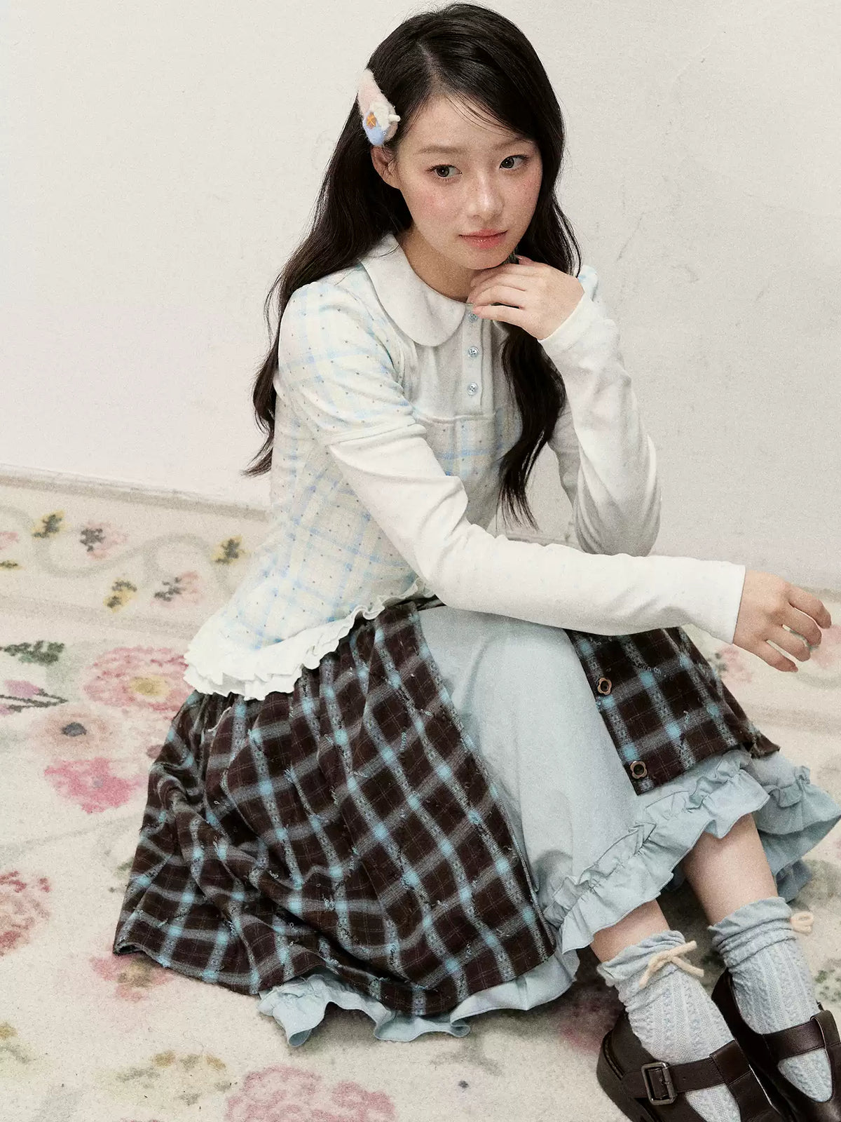 [RF] Star Blue Faux Two-Piece Lace-Trim Blouse with Peter Pan Collar
