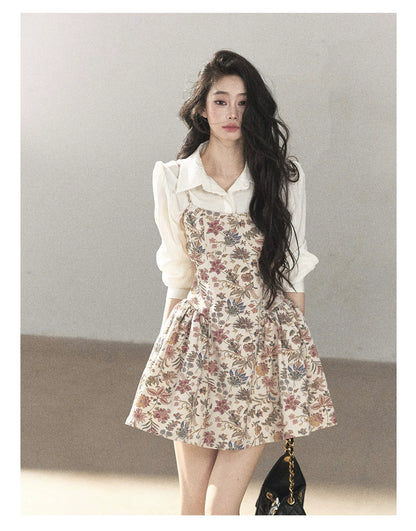 AOMALM - Dutch Cheese Floral Mini Dress & Creamy White Blouse Set