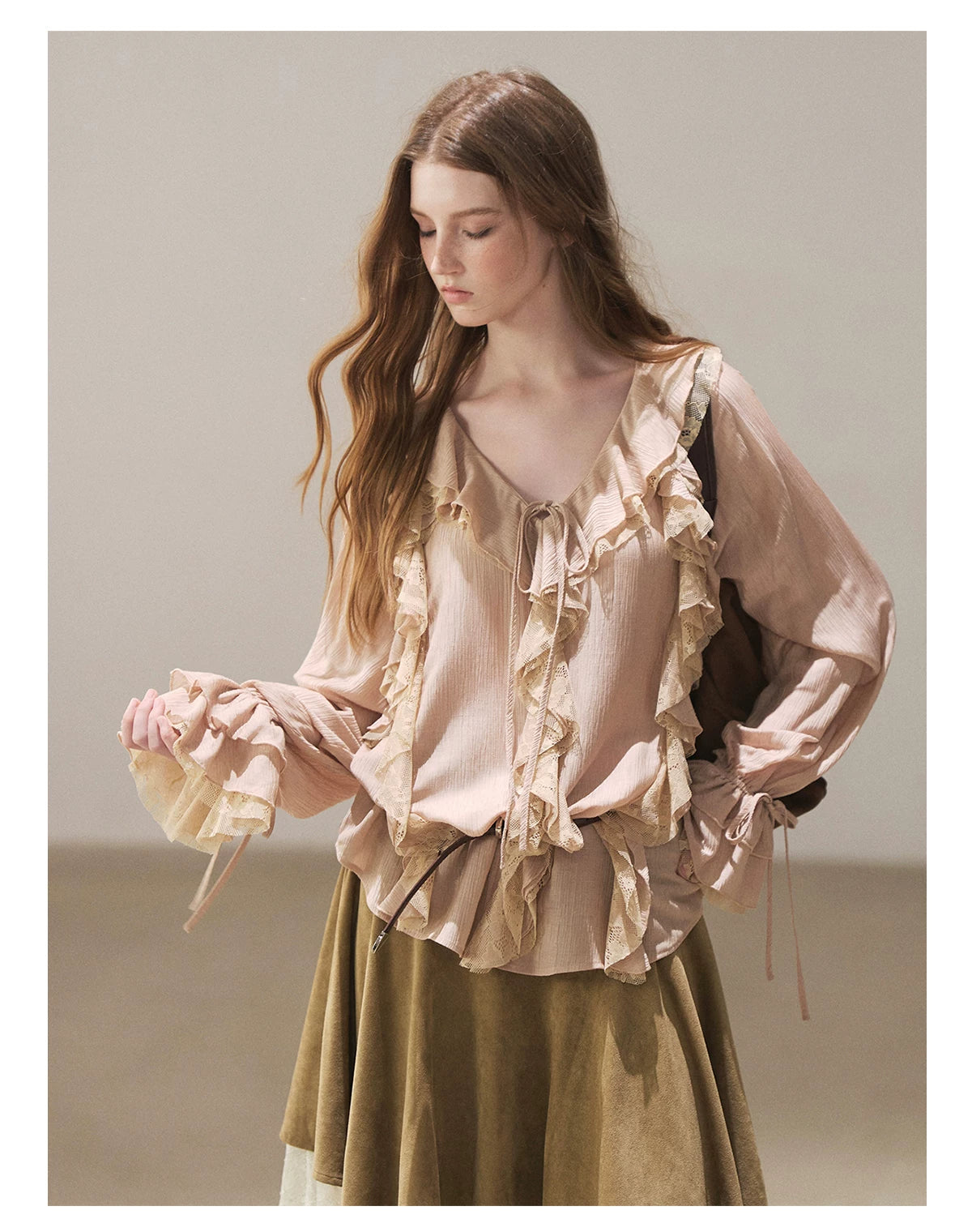 AOMALM - "A Featherlight Touch" French Camellia White Lace Chiffon Top with Belt (Camellia / Oatmeal / Cinnamon Pink)