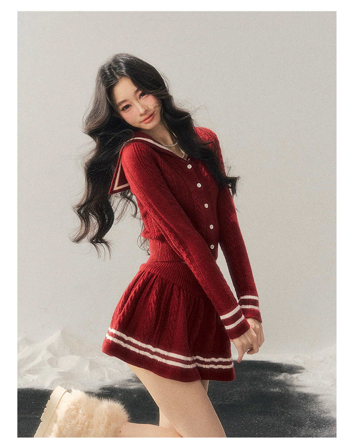 少也眼 "Whispers of the Evening Breeze" Collegiate Red Knit Two-Piece Set