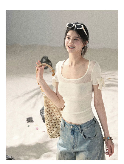 "Gentle Ocean Tide" Dutch Cream Cutout Knit Crop Top 75511