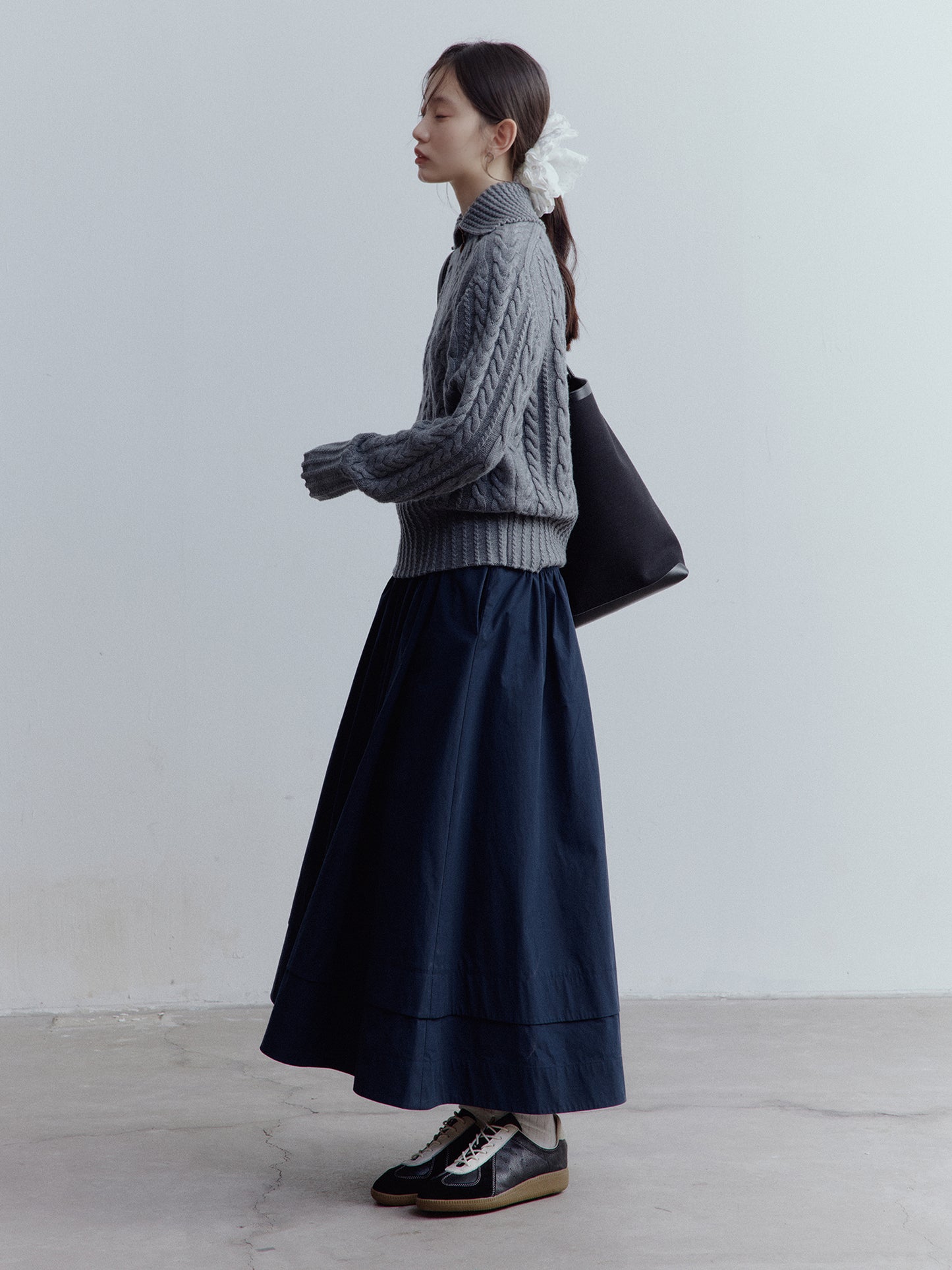 FUSSED Everyday Nerd A-Line Pleated Cotton Midi Skirt in Prussian Blue FOF-25SS172b