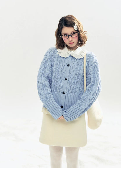 "Cotton Mousse" Cable Knit Cardigan with Detachable Ruffle Collar (Cotton Blue/ Soft White)