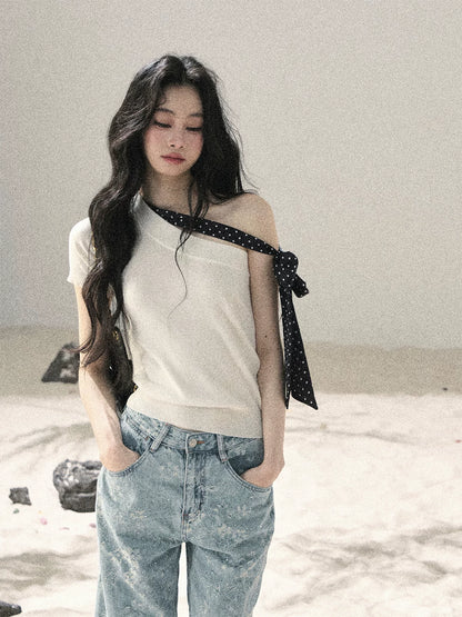 "Morning Dew & Evening Breeze" Cheese White One-Shoulder Polka Dot Crop Top