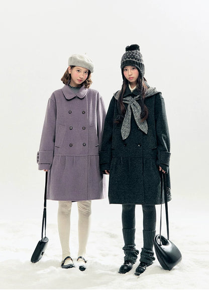 "Winter Chime" Double-Breasted Quilted Wool-Blend Coat (Smoky Purple/ Ash Gray)