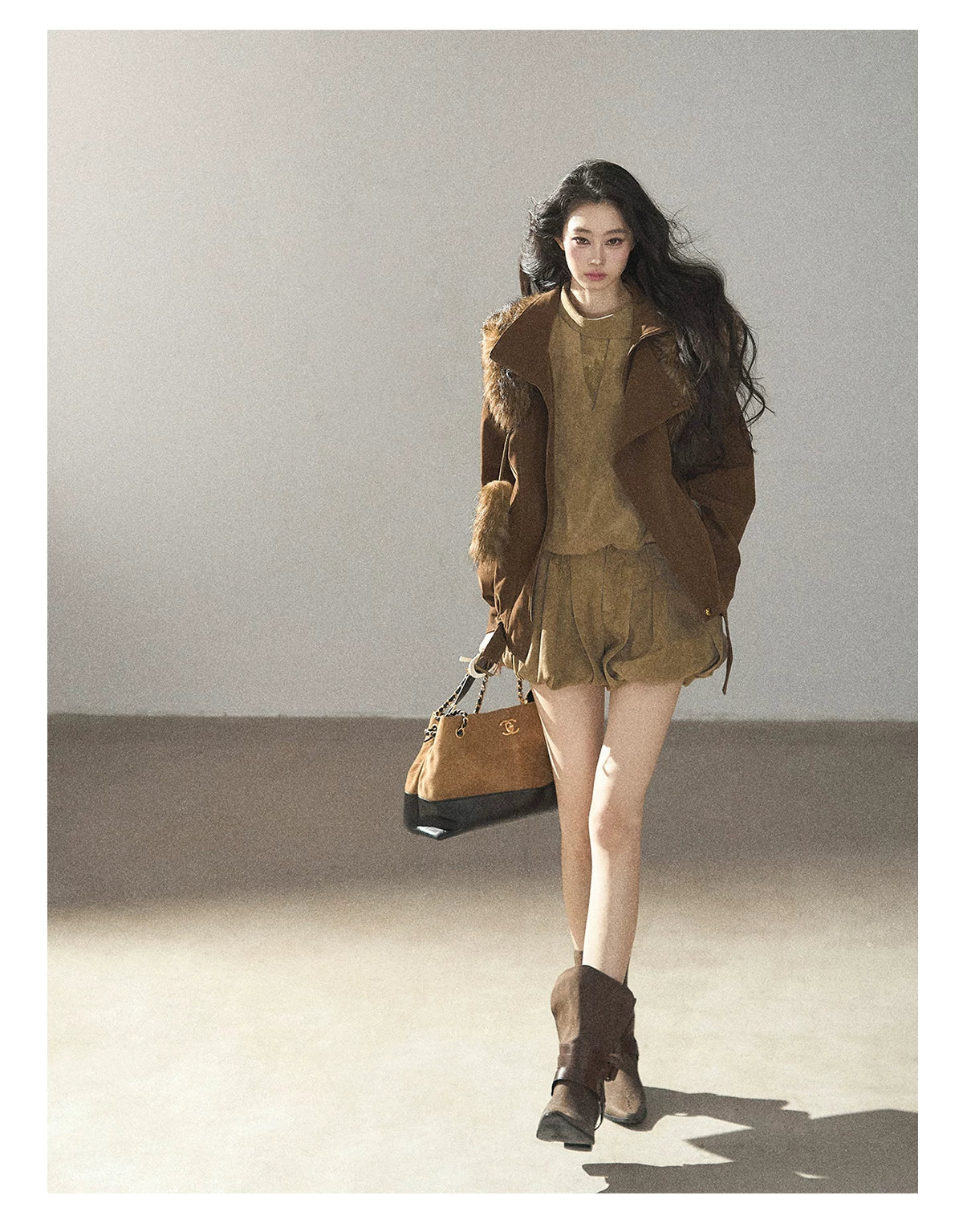 AOMALM - "The Veins of Leaves" Oatmeal French Faux Suede Top & Shorts Set