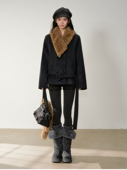 Soote Season - “Retro Twill Grace” Asymmetrical Faux Fur Collar Double-Breasted Wool Coat