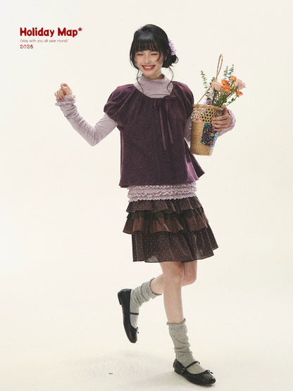 "Violet Journal" Grape Purple Bow Lace Short Sleeve Knit Top