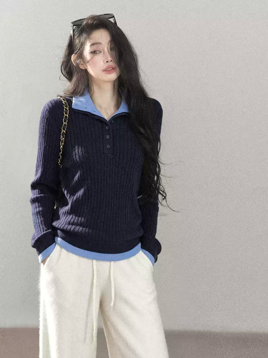 AOMALM - "Autumn in Every Stitch" Blue Contrast-Collar Knit Top