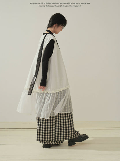 "Floating Veil" Mesh Panel Layering Maxi Dress (Black / White)